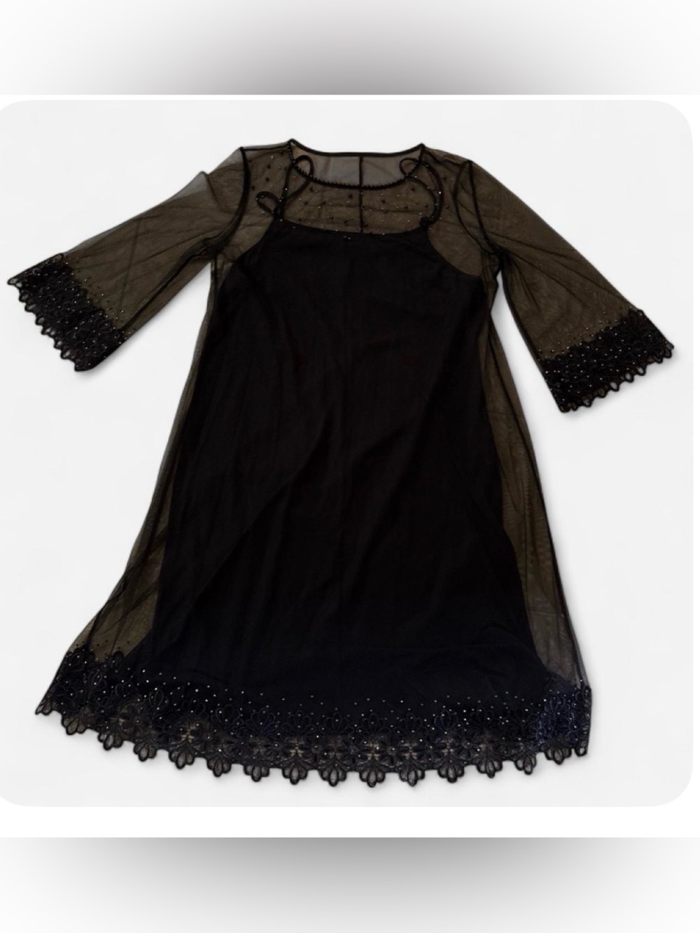 Black Lace Dress With Beaded Trim and Sheer Sleeves